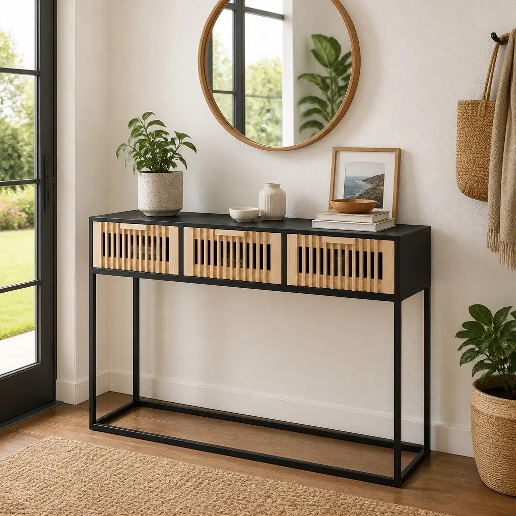 Console Table Black Scandinavian Design 3 Drawers Storage Accent Side Hall Table