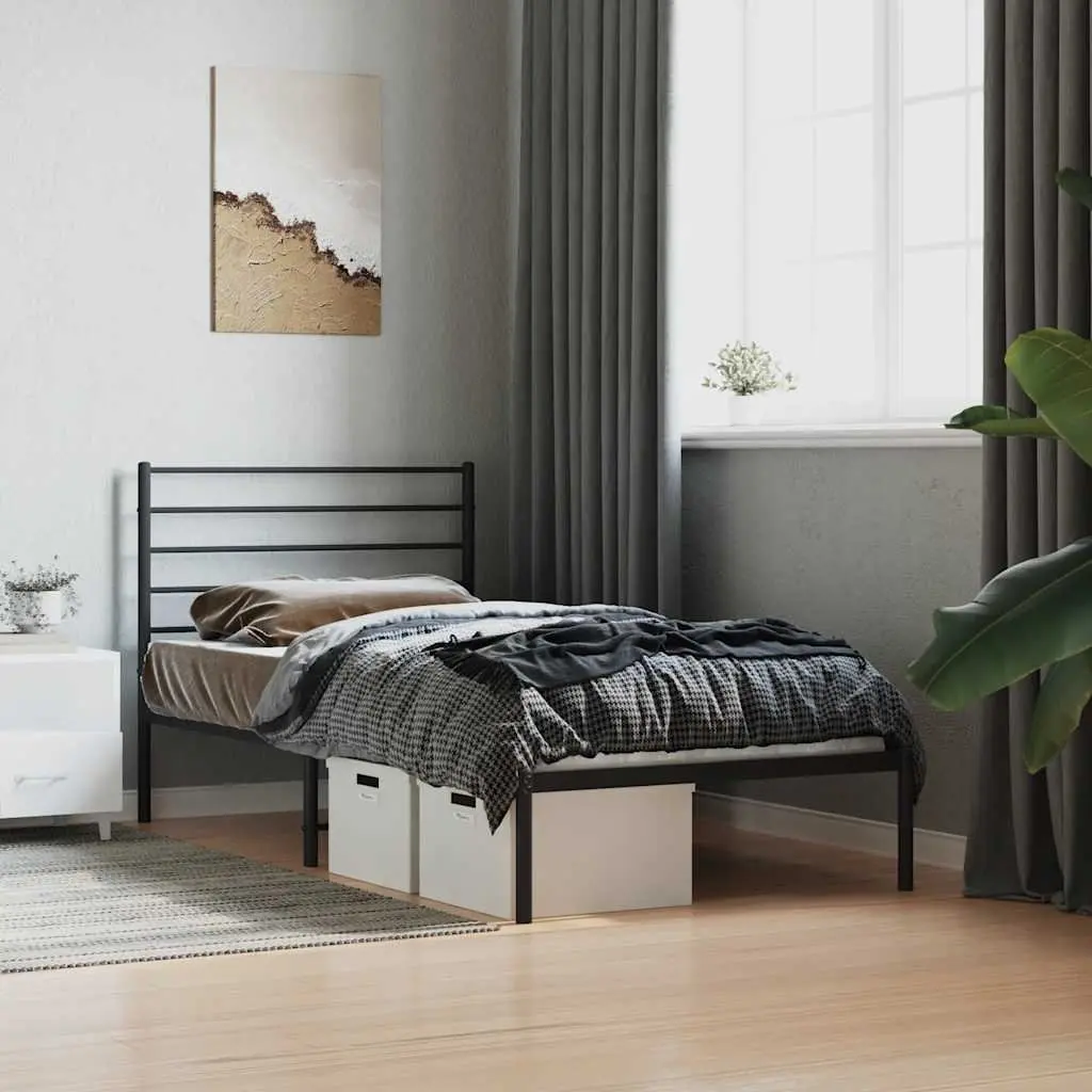 Metal Bed Frame King Single 107x203cm Black Headboard Steel Slatted Base Storage