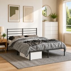 Elegant Black Metal Bed Frame with Headboard 135x190 cm