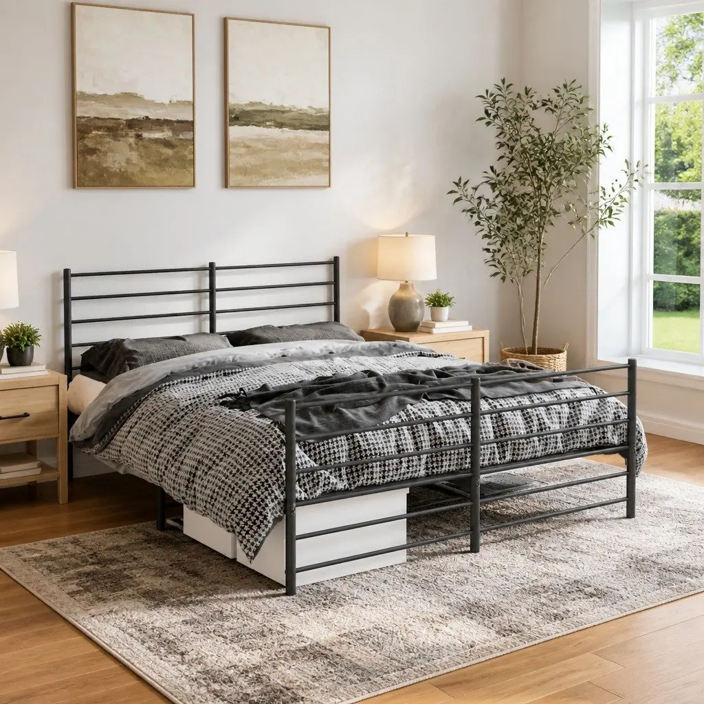 Metal Bed Frame Black 150x200 cm Powder-coated Steel Slatted Base