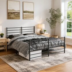 Classic Black Metal Bed Frame 150x200 cm with Storage
