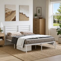 Elegant White Metal Bed Frame 135x190 cm with Headboard