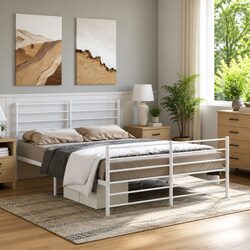 Elegant White Metal Bed Frame 135x190 cm with Footboard