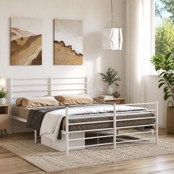 White Steel Metal Bed Frame 150x200 cm with Footboard