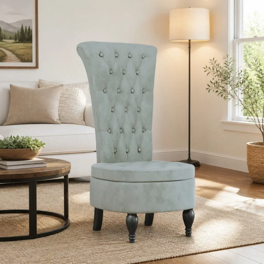 Light Grey Velvet High Back Armchair with Button Tufting