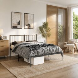 Elegant Black Metal Bed Frame with Headboard 135x190 cm