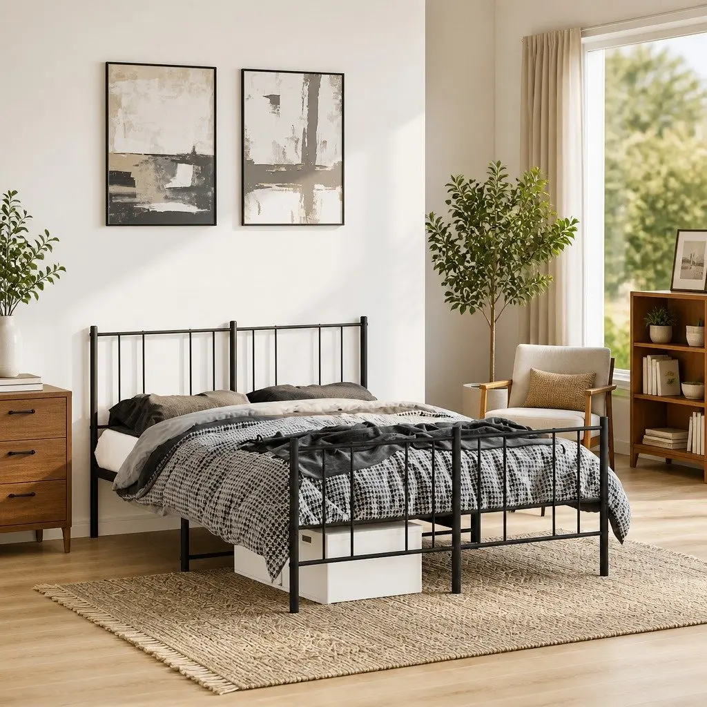 Black Metal Bed Frame 135x190 cm with Footboard