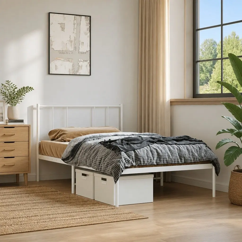King Single Metal Bed Frame with White Headboard
