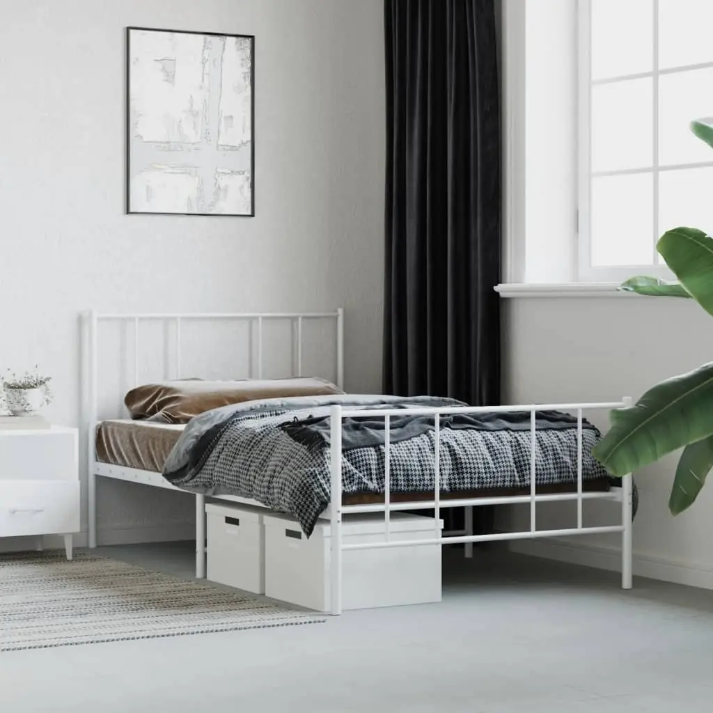 Metal Bed Frame King Single White 107x203 cm Powder-Coated Steel Slatted Base Footboard