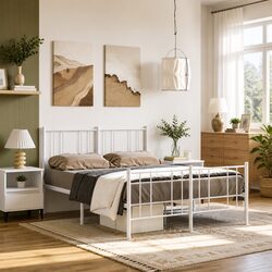 Elegant White Metal Bed Frame with Footboard 135x190cm