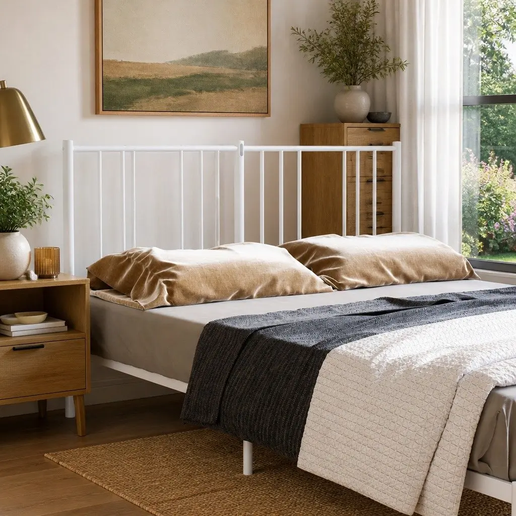 Metal Headboard White 135cm Powder-coated Steel Bed Frame Support