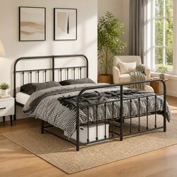 Black Metal Bed Frame 135x190 cm with Footboard