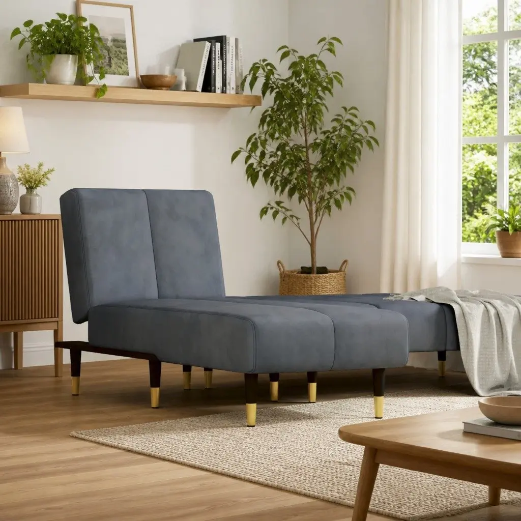 Chaise Longue Grey Velvet Convertible Lounge Sofa 3 Position