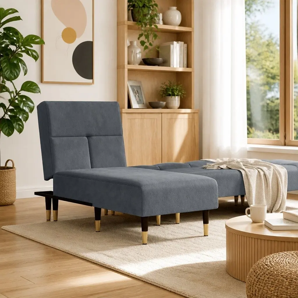 Chaise Longue Grey Velvet Reclining Lounge Chair 3-Position Convertible