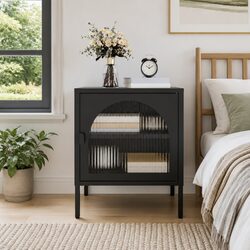Elegant Black Nightstand with Glass and Steel