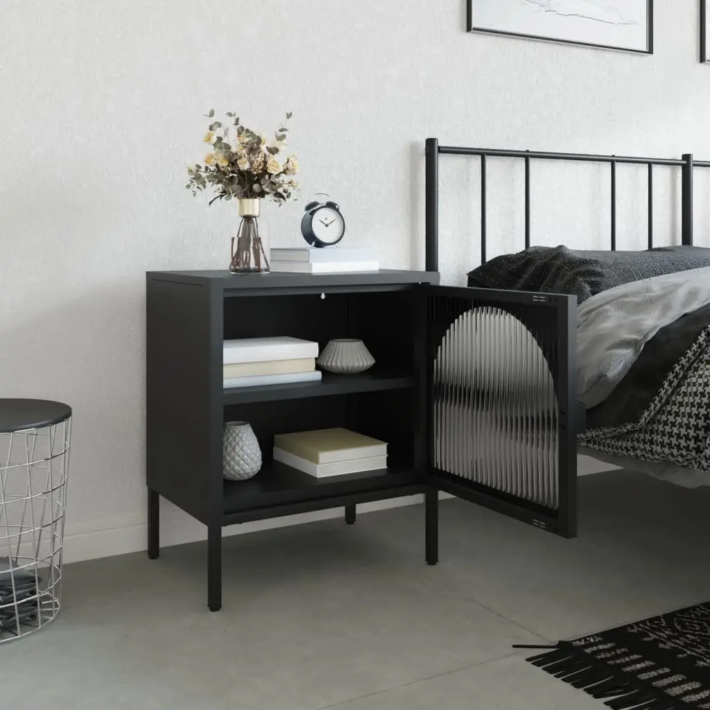 Black Nightstand with Glass and Steel