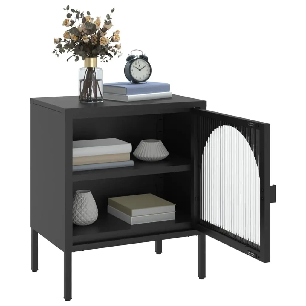 Black Nightstand with Glass and Steel