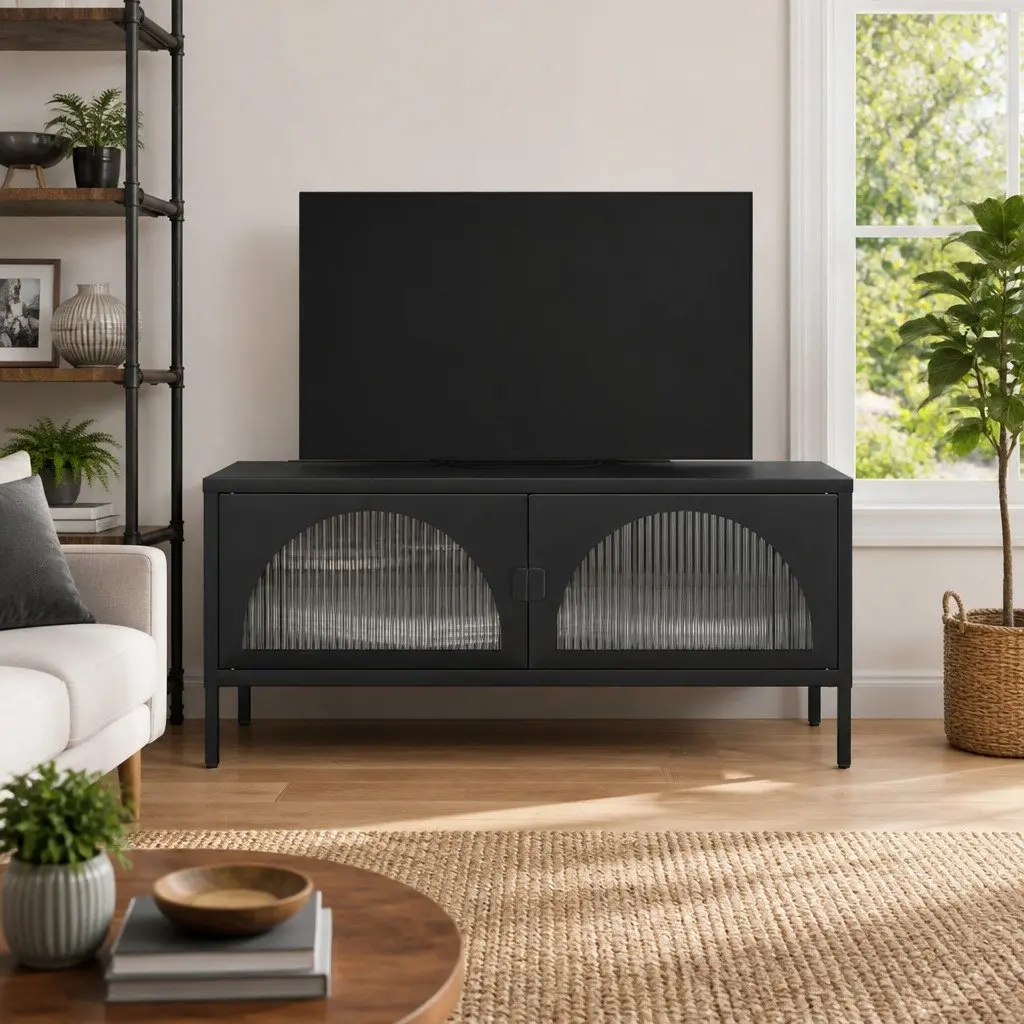 Black Glass and Steel TV Cabinet for Living Spaces