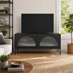 Elegant Black Glass and Steel TV Cabinet for Living Spaces