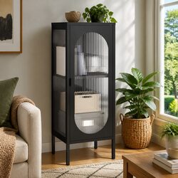 Modern Black Glass Sideboard with Steel Frame