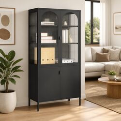 Stylish Highboard Cabinet with Fluted Glass and Steel Frame
