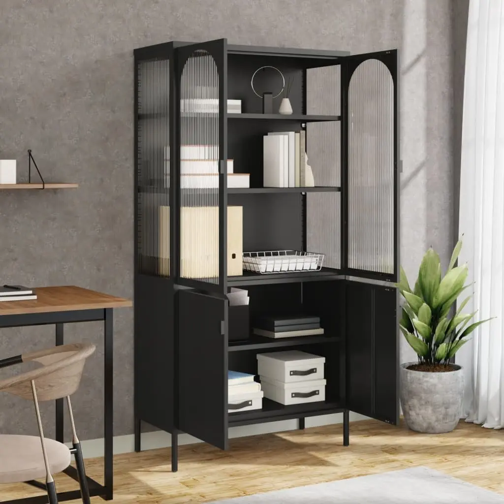 Highboard Sideboard Black Fluted Glass Steel 90x40x180cm