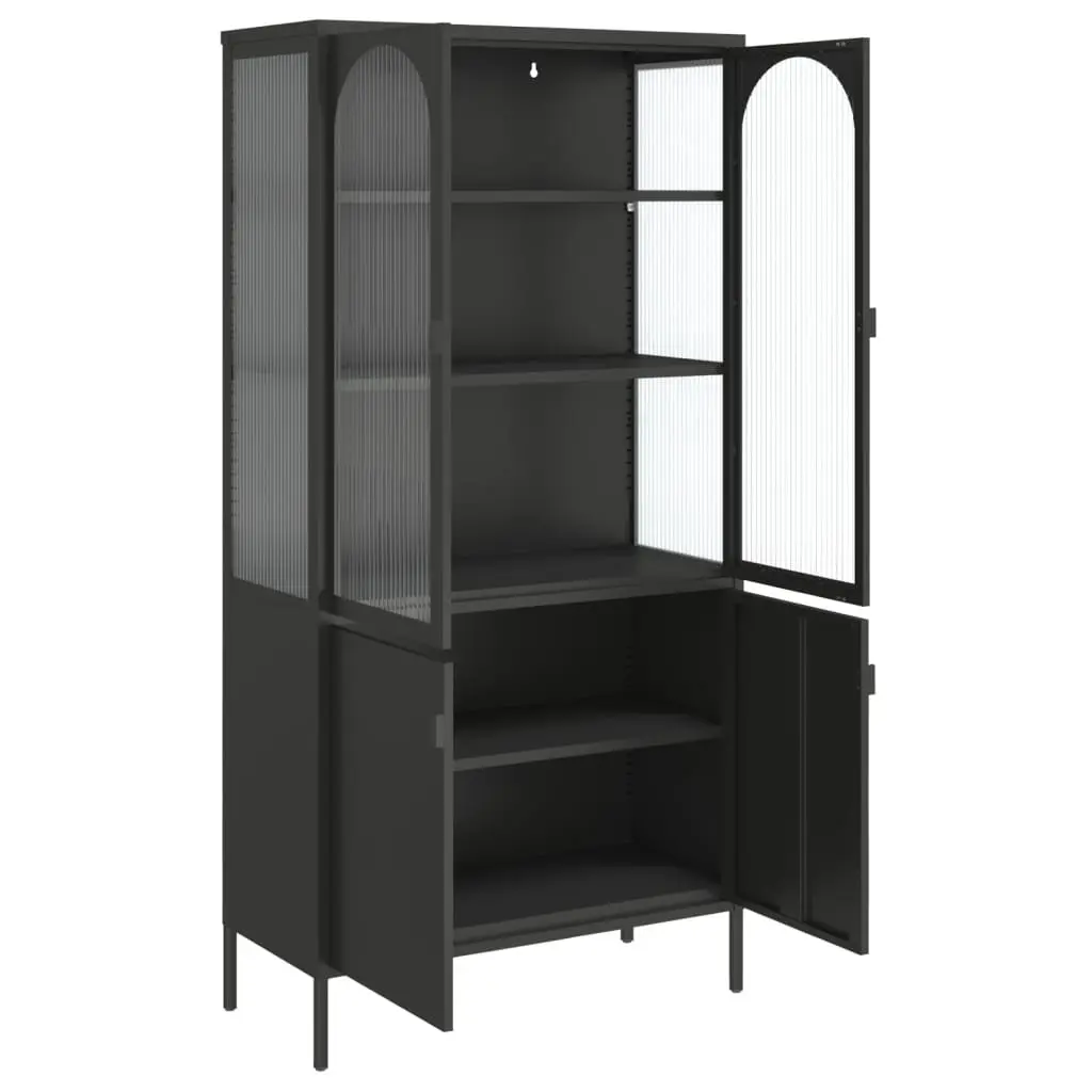 Highboard Sideboard Black Fluted Glass Steel 90x40x180cm