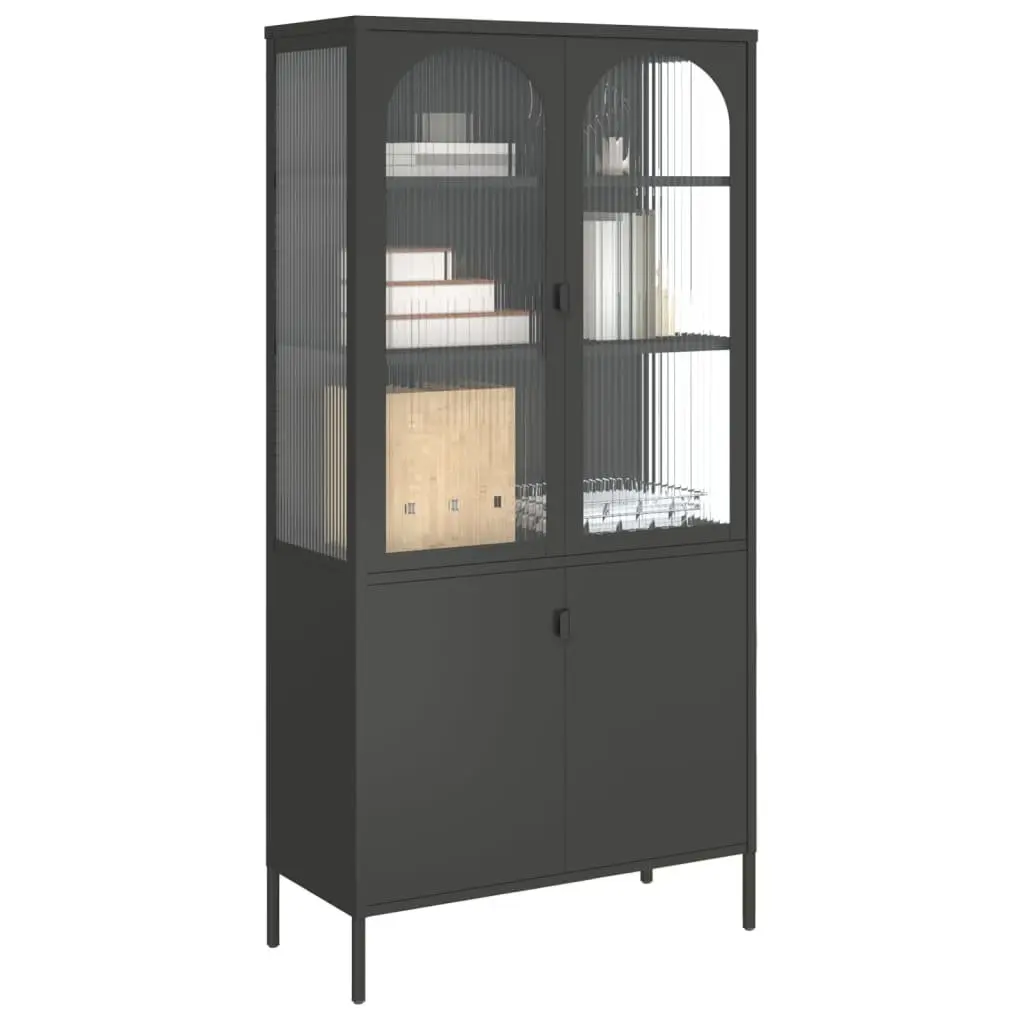 Highboard Sideboard Black Fluted Glass Steel 90x40x180cm