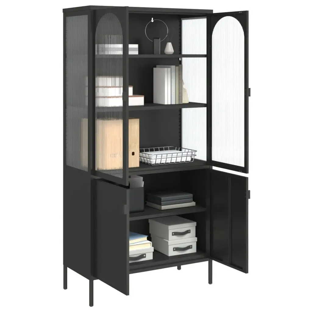 Highboard Sideboard Black Fluted Glass Steel 90x40x180cm