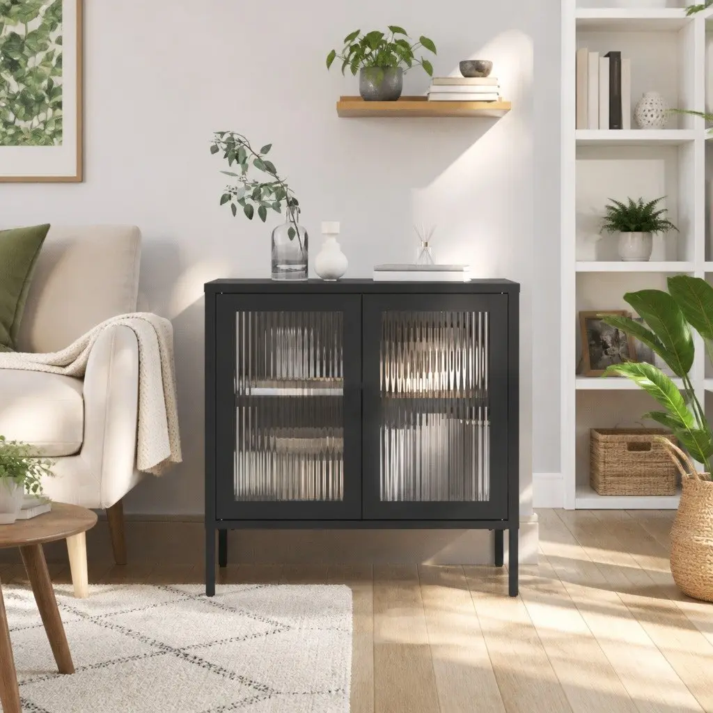 Black Glass and Steel Sideboard Storage Cabinet