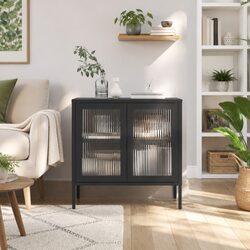 Elegant Black Glass and Steel Sideboard Storage Cabinet