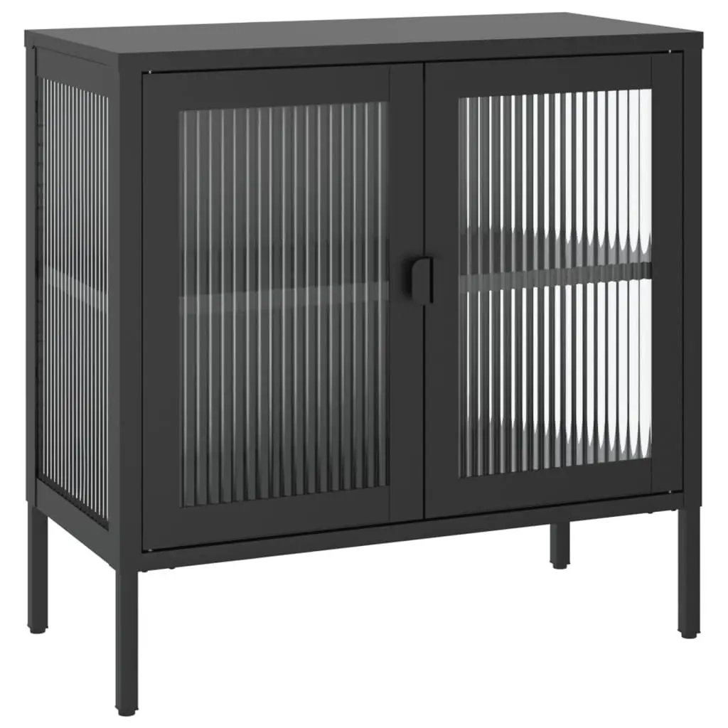 Black Glass and Steel Sideboard Storage Cabinet