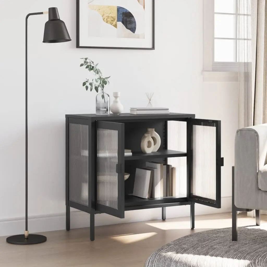 Black Glass and Steel Sideboard Storage Cabinet