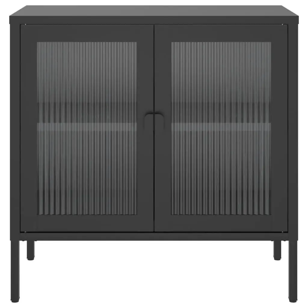 Black Glass and Steel Sideboard Storage Cabinet
