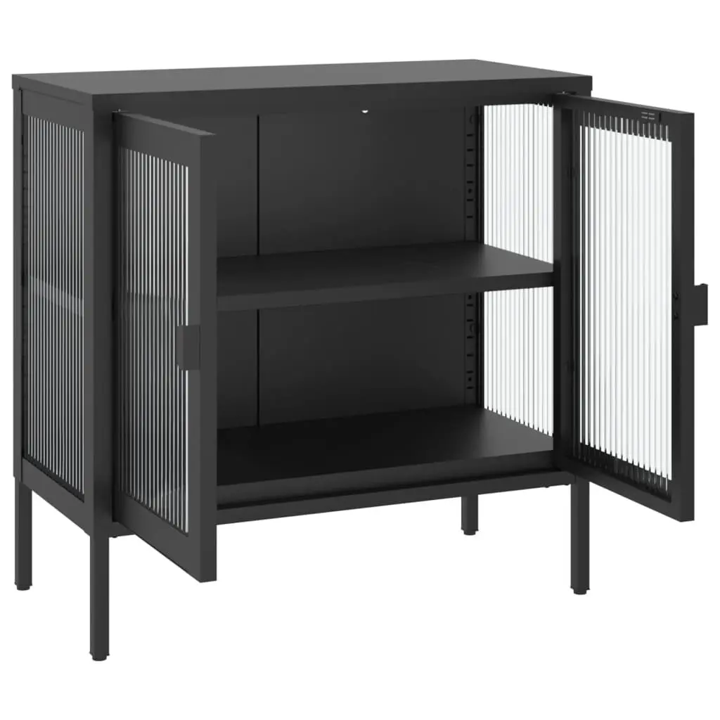 Black Glass and Steel Sideboard Storage Cabinet