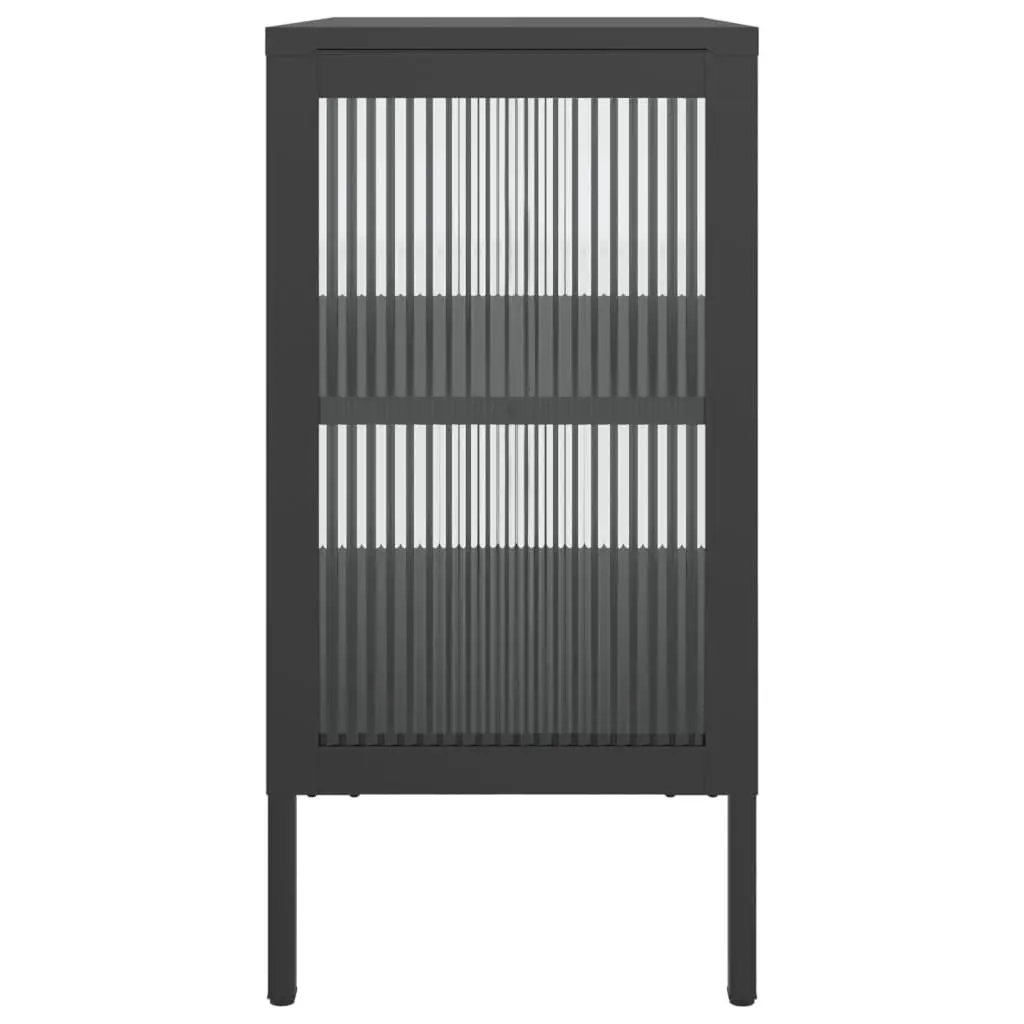 Black Glass and Steel Sideboard Storage Cabinet