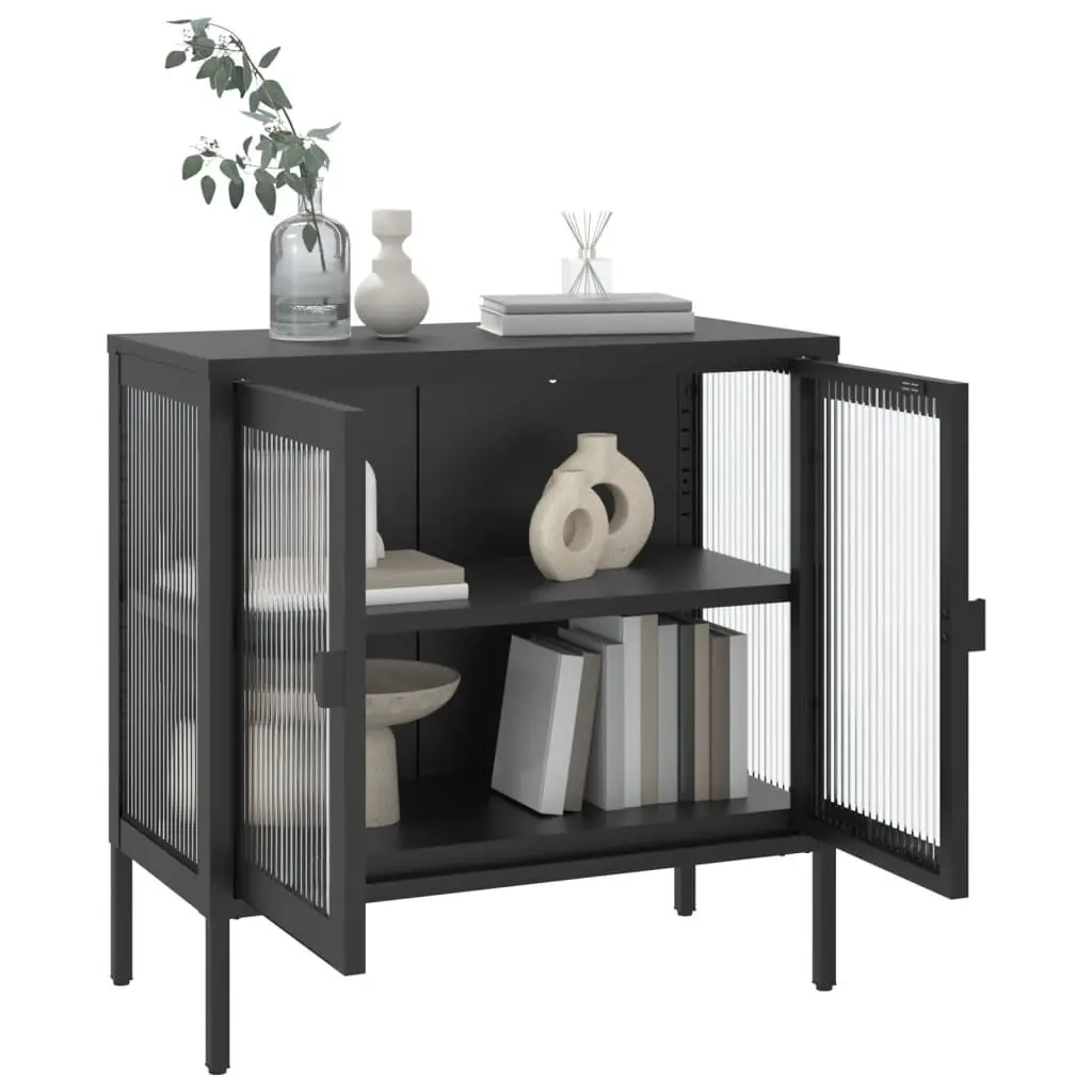 Black Glass and Steel Sideboard Storage Cabinet