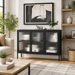 Elegant Black Sideboard Cabinet with Fluted Glass