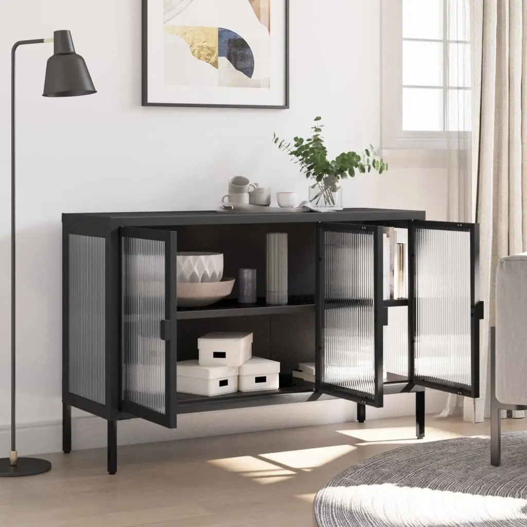 Black Sideboard Cabinet Fluted Glass 105x35x70 cm Steel Storage Furniture