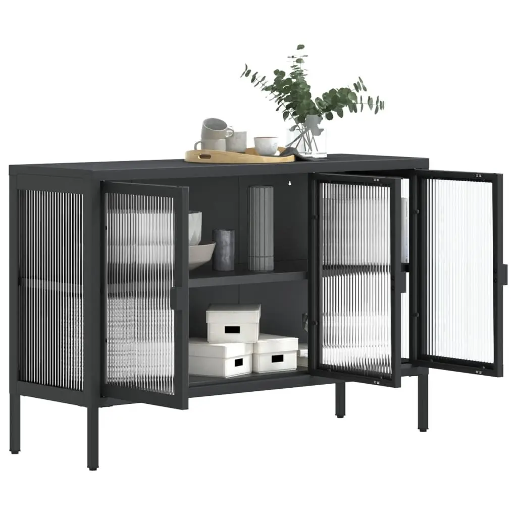 Black Sideboard Cabinet Fluted Glass 105x35x70 cm Steel Storage Furniture