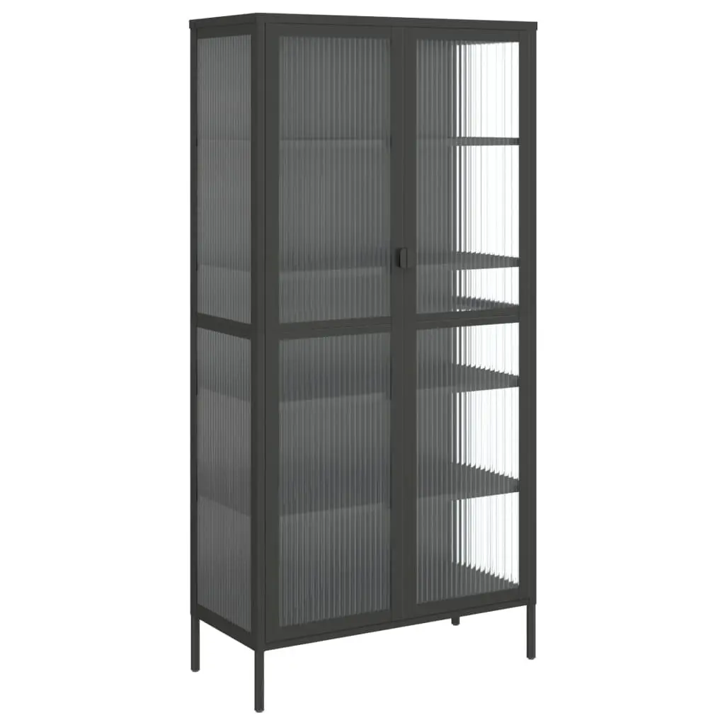 Highboard Storage Cabinet Black Fluted Glass Steel Frame 85W x 40D x 180H cm