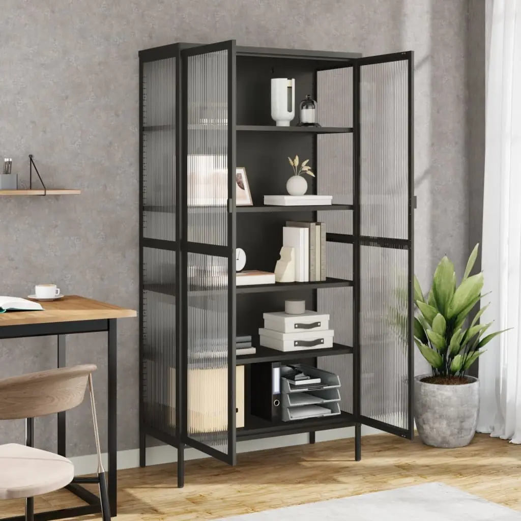Highboard Storage Cabinet Black Fluted Glass Steel Frame 85W x 40D x 180H cm