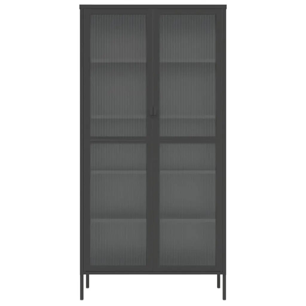Highboard Storage Cabinet Black Fluted Glass Steel Frame 85W x 40D x 180H cm