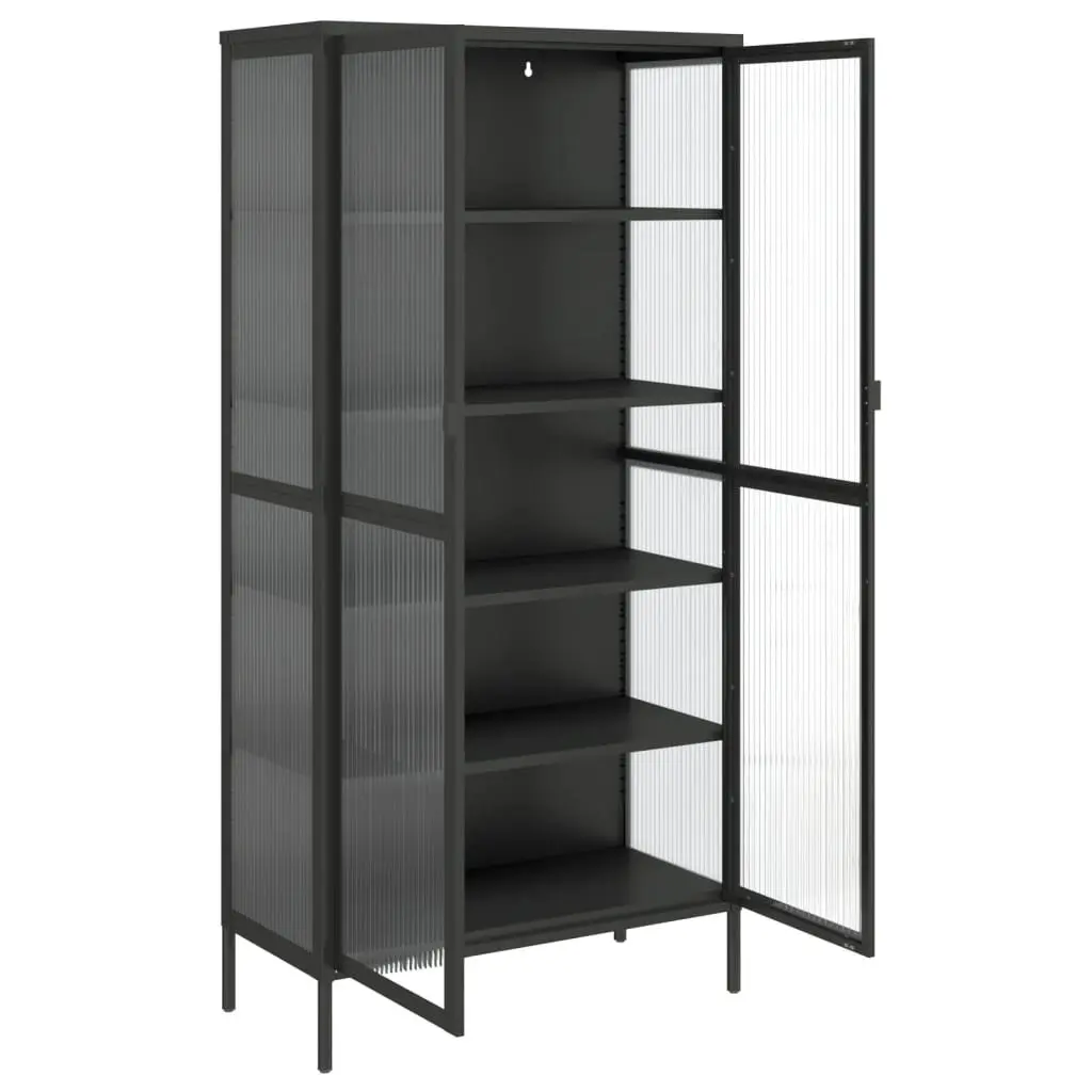 Highboard Storage Cabinet Black Fluted Glass Steel Frame 85W x 40D x 180H cm