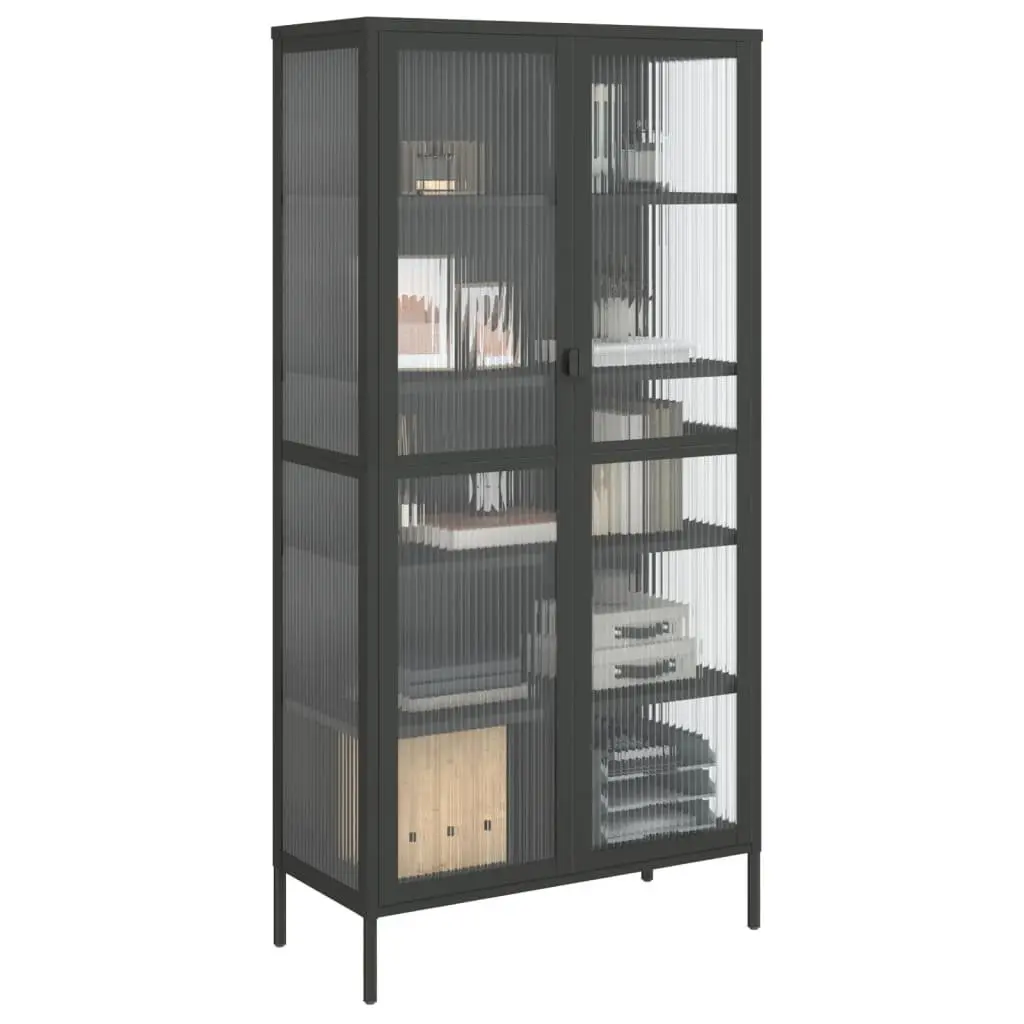 Highboard Storage Cabinet Black Fluted Glass Steel Frame 85W x 40D x 180H cm
