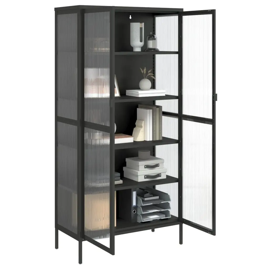 Highboard Storage Cabinet Black Fluted Glass Steel Frame 85W x 40D x 180H cm