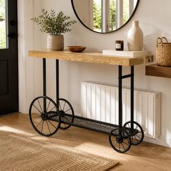 Industrial Console Table with Storage Shelf and Wheels