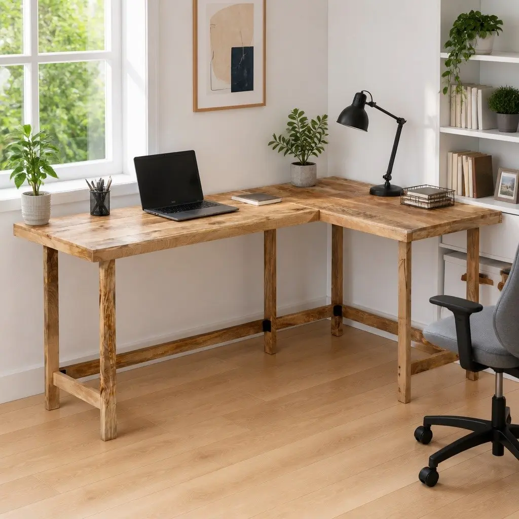L-Shaped Wooden Desk Brown 165x110x75cm Solid Mango Wood Home Office Study Table
