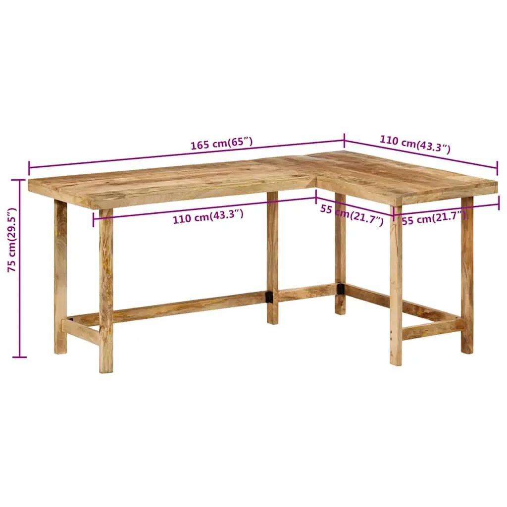 L-Shaped Wooden Desk Brown 165x110x75cm Solid Mango Wood Home Office Study Table