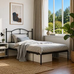 Black Steel King Single Bed Frame 107x203 cm with Headboard